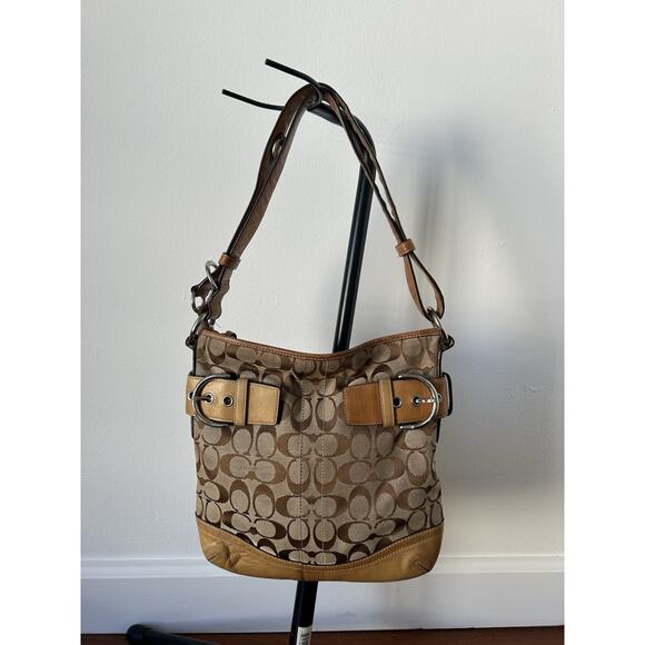 Vintage Y2K Coach Signature Shoulder Bag Crossbody 03574 Khaki Tan Leather Trim - Picture 1 of 10